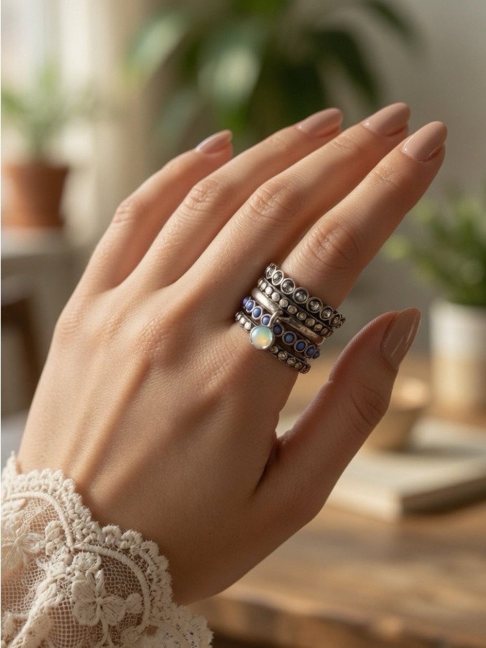 Opalite Hematite and Blue Gemstone Stainless Steel Ring Stack Sz 6.5